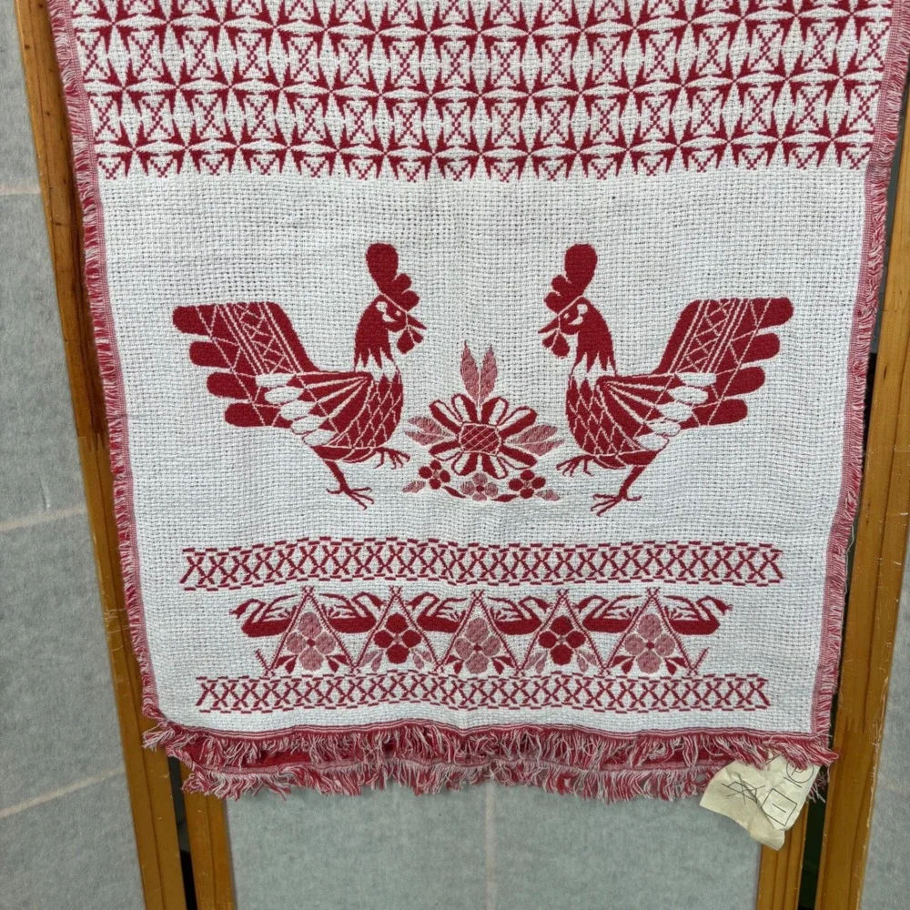 Vintage Rushnik Rostextile Uzor Rushnyk Red White Jacquard Woven Rooster Folk